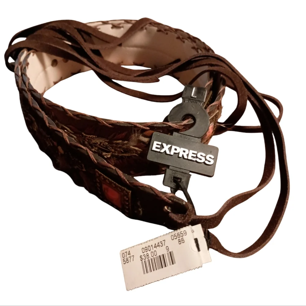 Express brown tie belt leather and feathers Size Large Marbled peach studs Rare - Picture 4 of 9